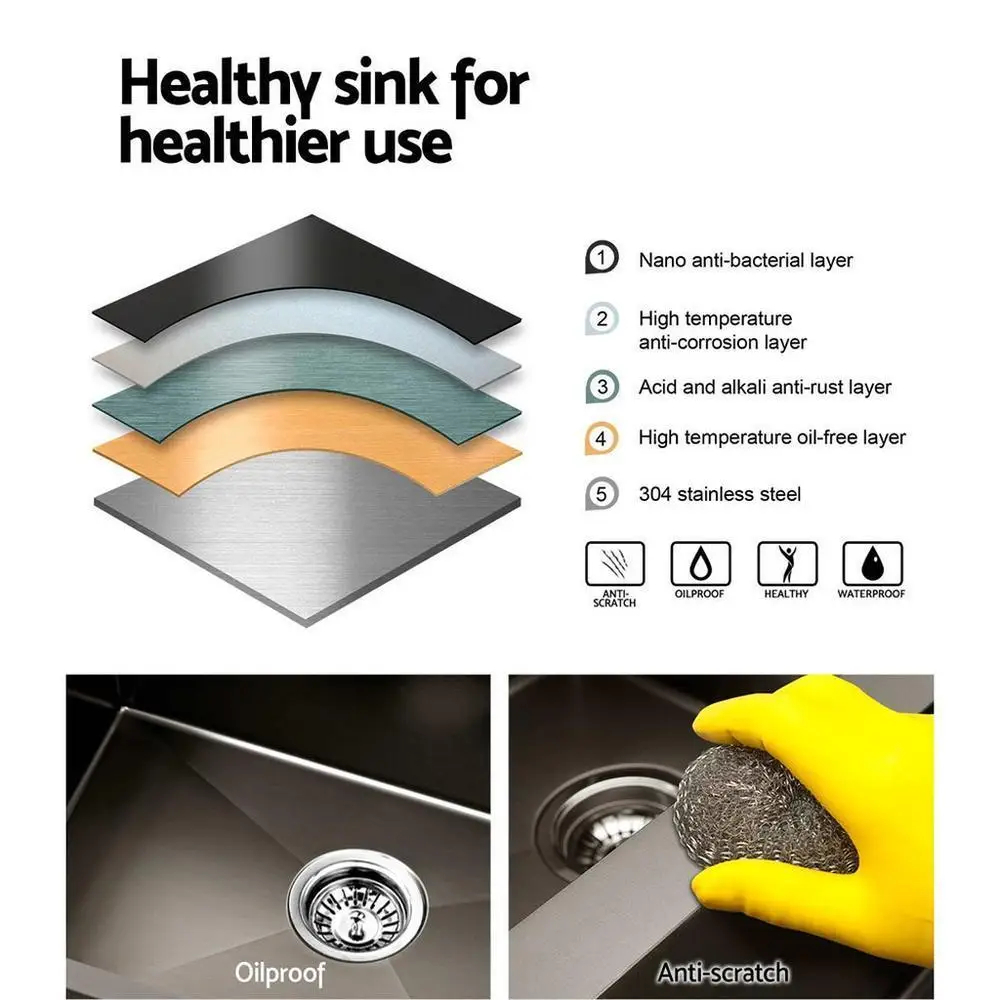 Kitchen Sink 75x45cm Stainless Steel Single Bowl Black Undermount Basin Modern Kitchen Wash Sink