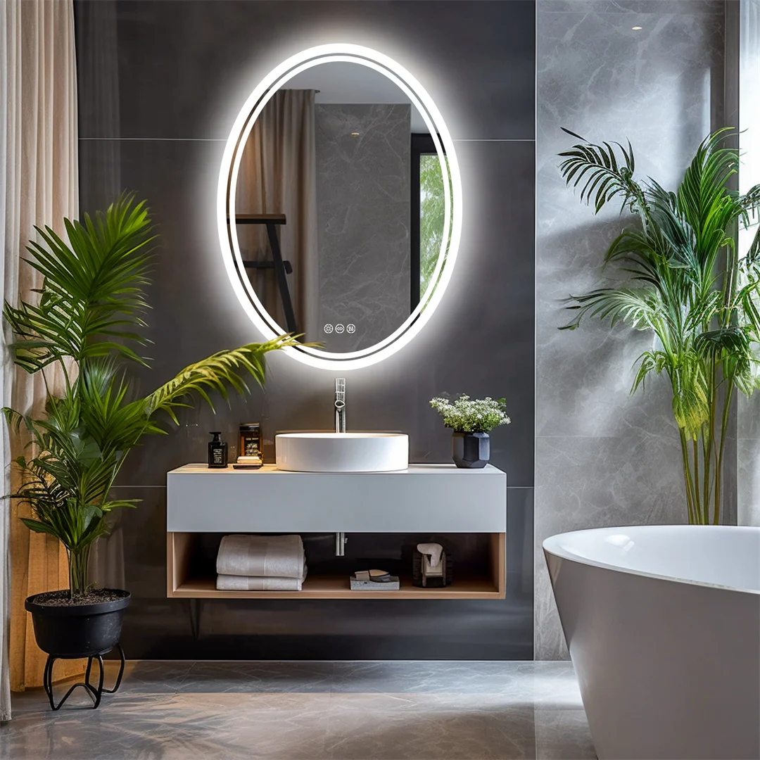 LUVODI 60x80cm Modern Oval LED Backlit Bathroom Mirror Wall Mounted Dressing Mirror with Demister for Home Hotel Salon Decorative Beauty