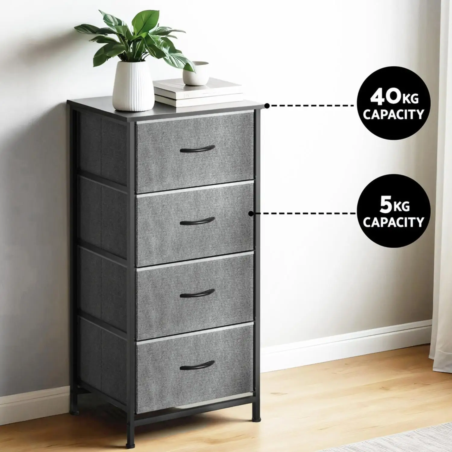Set of 2 Grey Tallboy Storage Dressers with 4 Drawers Bedroom Chest Organizer