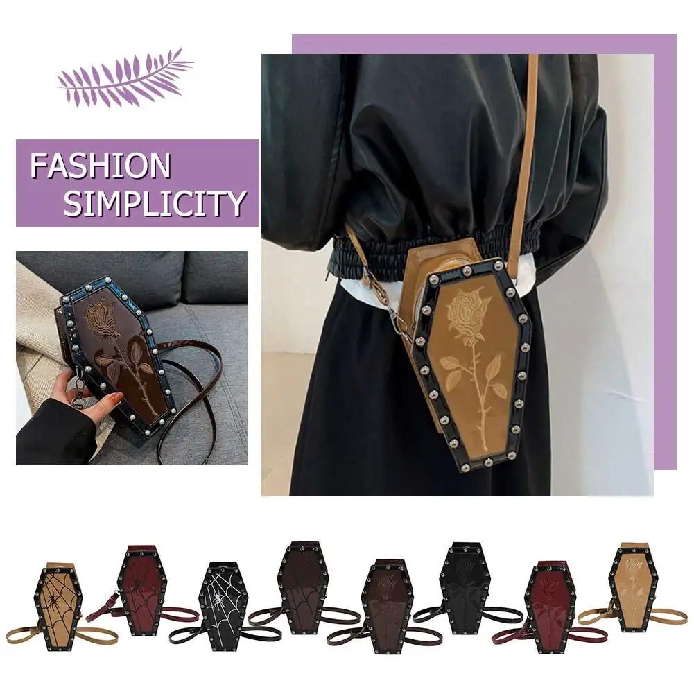 Women Coffin Satchel Purse Strap Adjustable Gothic Coin Purse PU Leather Spider Coffin Bag Y2K Cellphone Bag Halloween Candy Bag