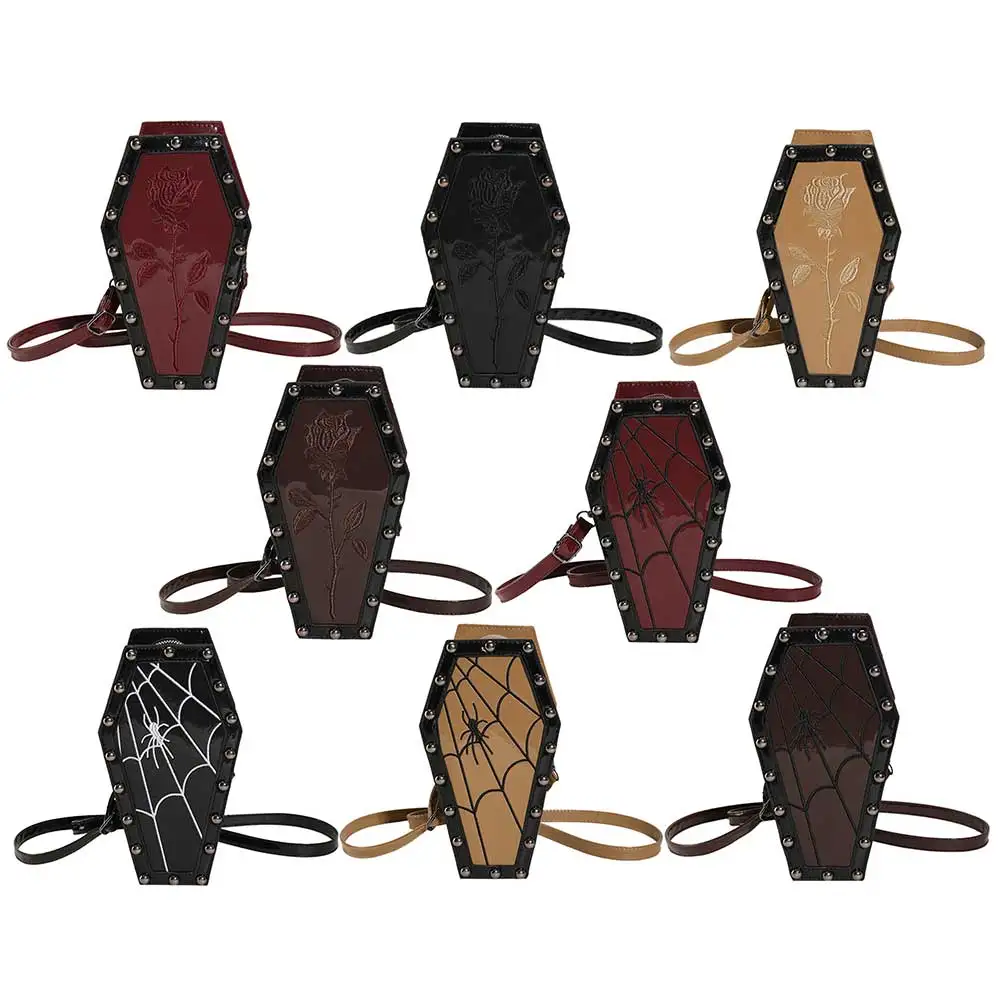 Women Coffin Satchel Purse Strap Adjustable Gothic Coin Purse PU Leather Spider Coffin Bag Y2K Cellphone Bag Halloween Candy Bag