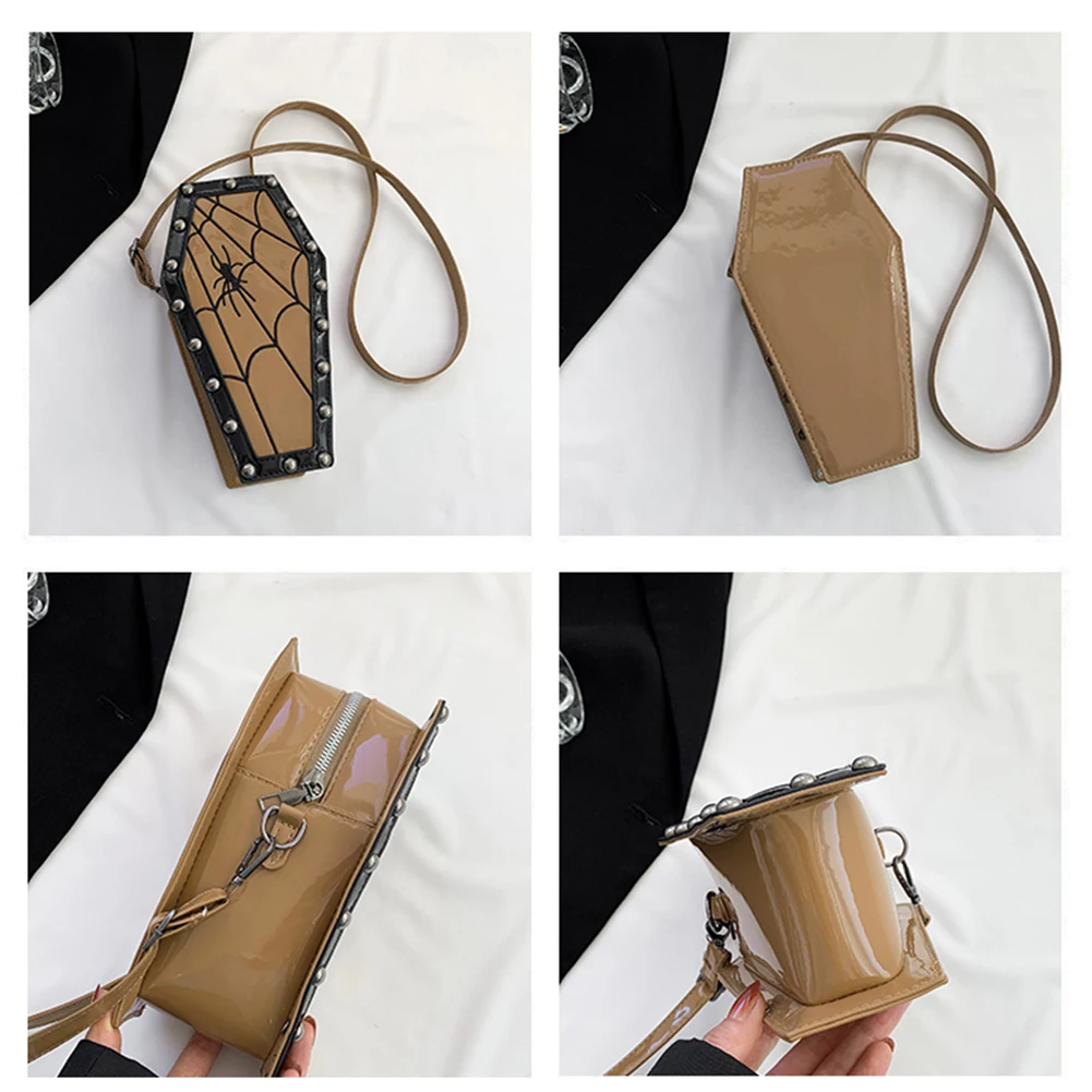 Women Coffin Satchel Purse Strap Adjustable Gothic Coin Purse PU Leather Spider Coffin Bag Y2K Cellphone Bag Halloween Candy Bag
