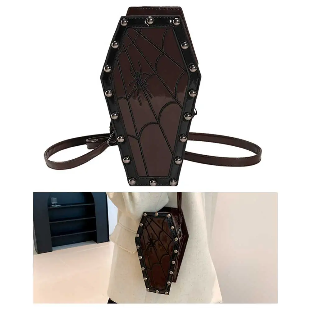 Women Coffin Satchel Purse Strap Adjustable Gothic Coin Purse PU Leather Spider Coffin Bag Y2K Cellphone Bag Halloween Candy Bag