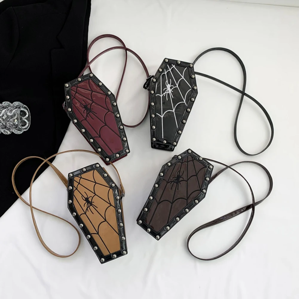 Women Coffin Satchel Purse Strap Adjustable Gothic Coin Purse PU Leather Spider Coffin Bag Y2K Cellphone Bag Halloween Candy Bag