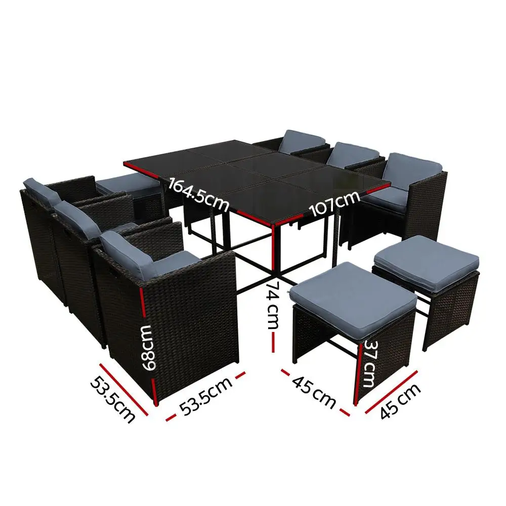 11 Piece Outdoor Wicker Dining Set Black Patio Table and Chairs with Cushions