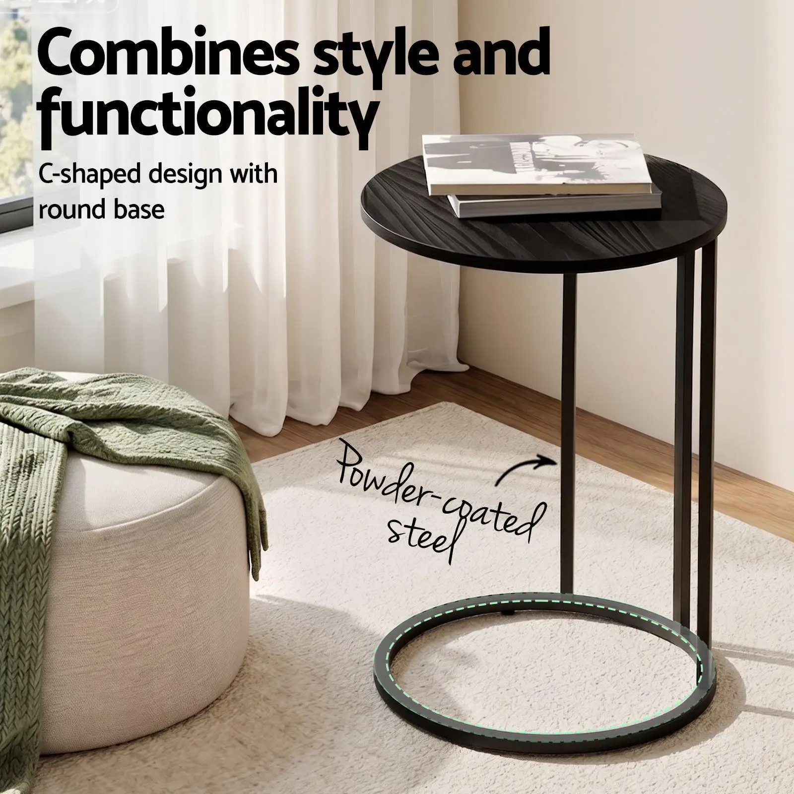C Shaped End Table Set of 2 Round Black Coffee Side Tables for Living Room Bedroom Sofa Snack Laptop Use