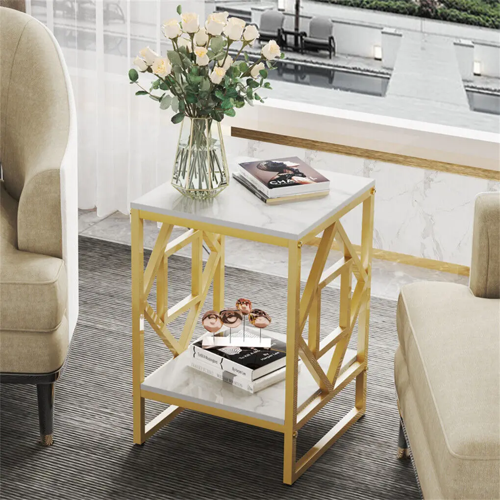 LUVODI Modern 2-Tier Storage Coffee Side Table with Sintered Stone Tabletop Metal Frame Square Living Room Sofa End Tables