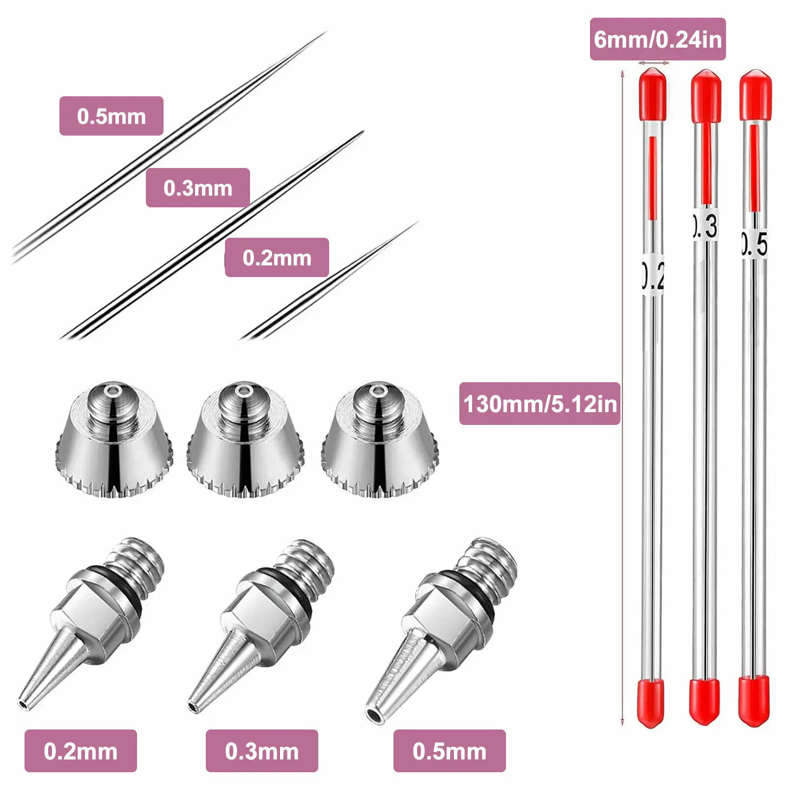 3Pcs 0.2mm 0.3mm 0.5mm Airbrush Nozzle Needle Repair Tool Kit For Multi Type Airbrushes Spray Gun Air Brush Accessories Replace