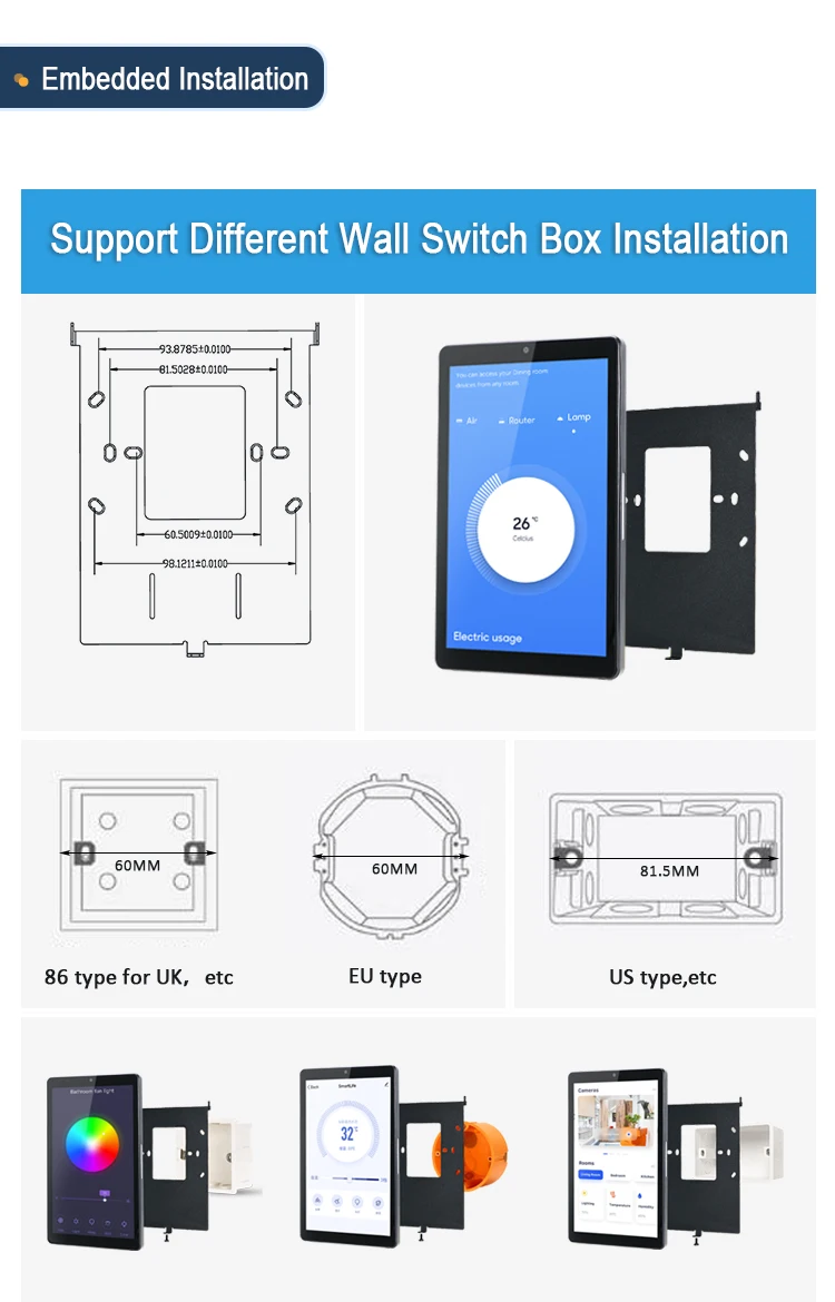 2026 YC-SM08P Cheap Price Poe RJ45 Wifi 8 Inch in Wall Industrial Android Tablet Support 86 Size Wall Box Smart Home Panel