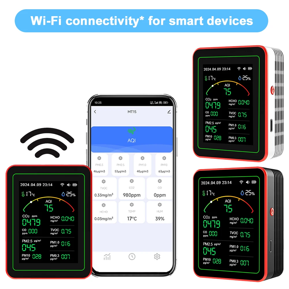 15-in-1 WiFi Smart Air Quality Monitor Tester CO/CO2/HCHO/TVOC/PM0.3/PM1.0/PM2.5/PM10/Temperature/Humidity APP Control Detector