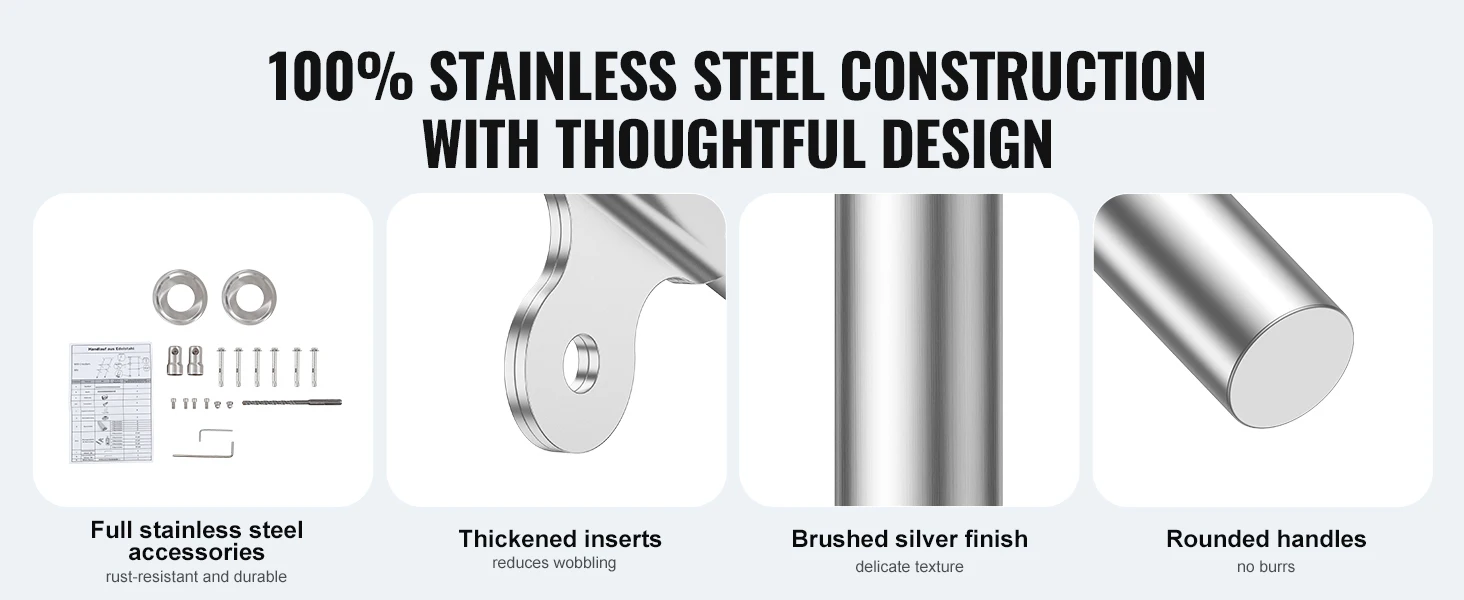 SucceBuy Handrail for Outdoor Transitional Stainless Steel Railings with Installation Kit Double-column Staircase for Deck Porch