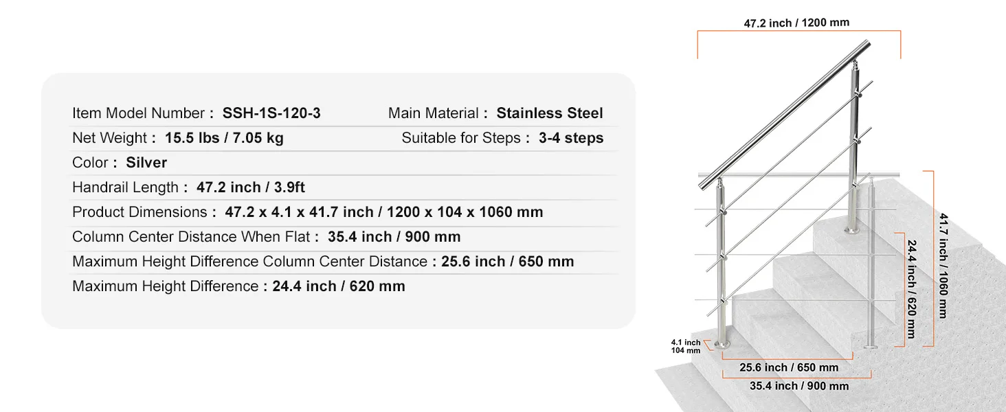 SucceBuy Handrail for Outdoor Transitional Stainless Steel Railings with Installation Kit Double-column Staircase for Deck Porch