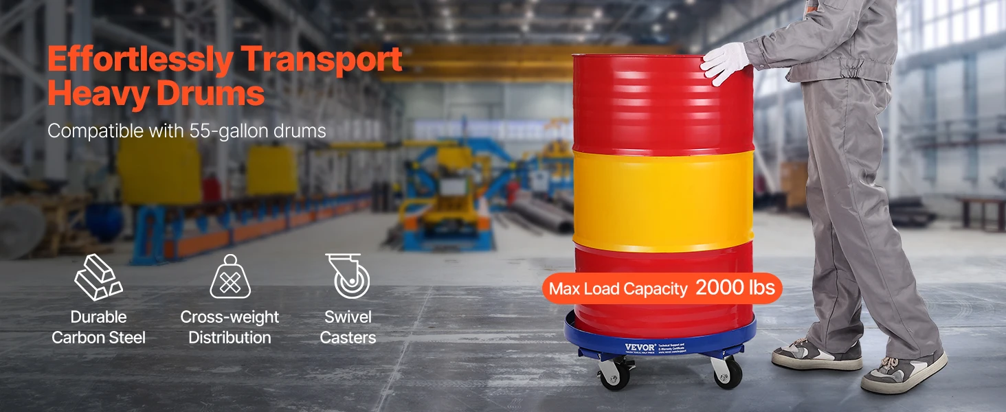 SucceBuy 2000lbs Drum Dolly 55 Gal Barrel Mobile Base with Cross Braces & 4 Swivel Wheels Hand Truck for Warehouse Drum Handling