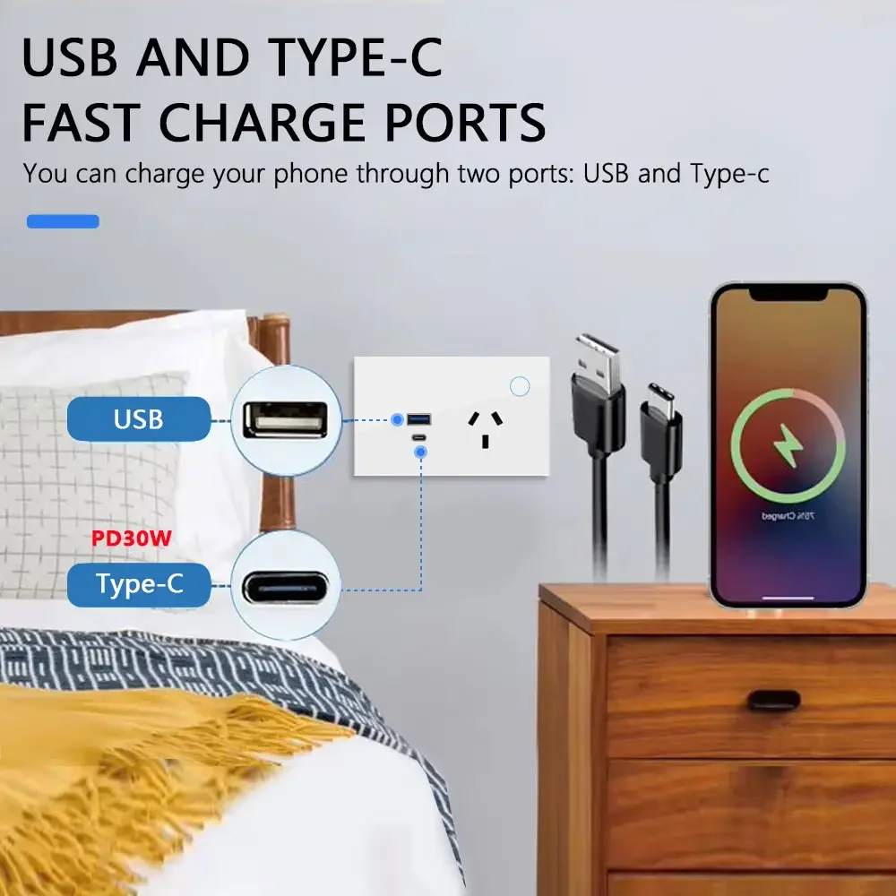 Melery WIFI Smart Tuya Wall Socket Australia Plug USB TYPE-C PD 30W Argentina Outlet Power Touch Remote by Alexa Google Home
