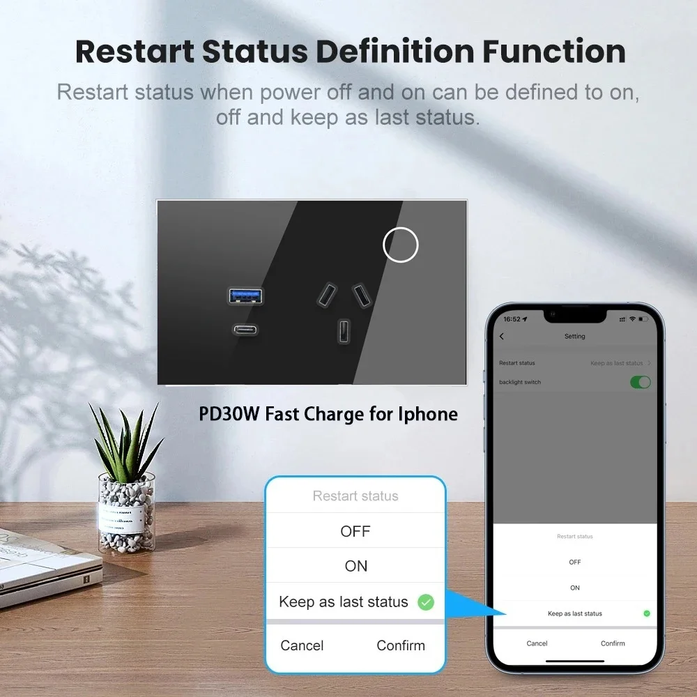 Melery WIFI Smart Tuya Wall Socket Australia Plug USB TYPE-C PD 30W Argentina Outlet Power Touch Remote by Alexa Google Home