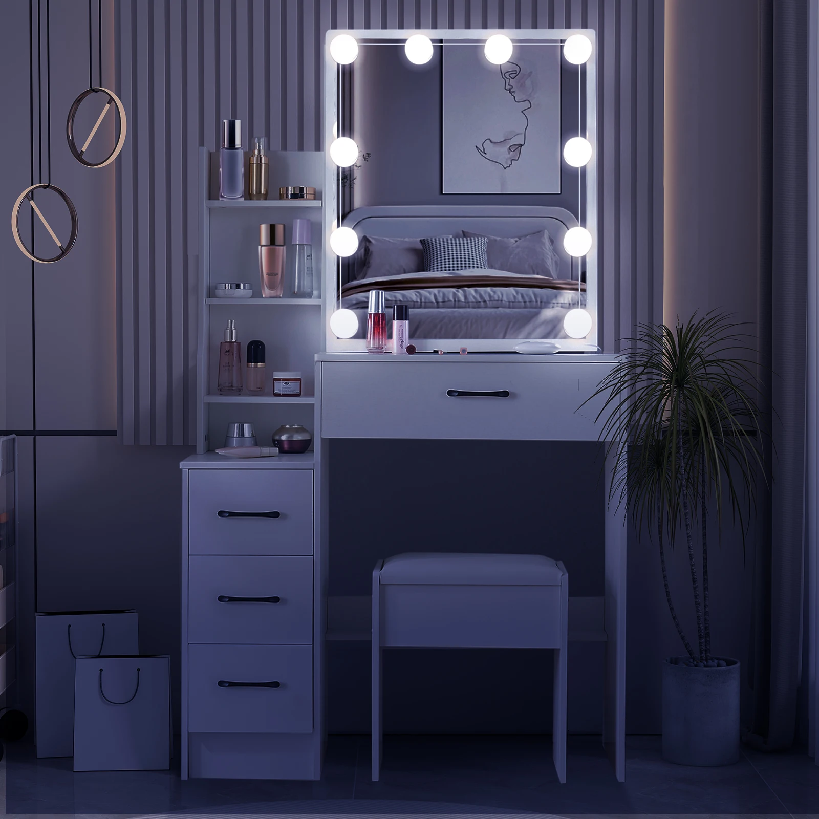 White Wooden Vanity Dressing Table Set with Adjust the Lighting LED Lights Sliding Mirror & Stool Storage Desk Cosmetic Bedroom