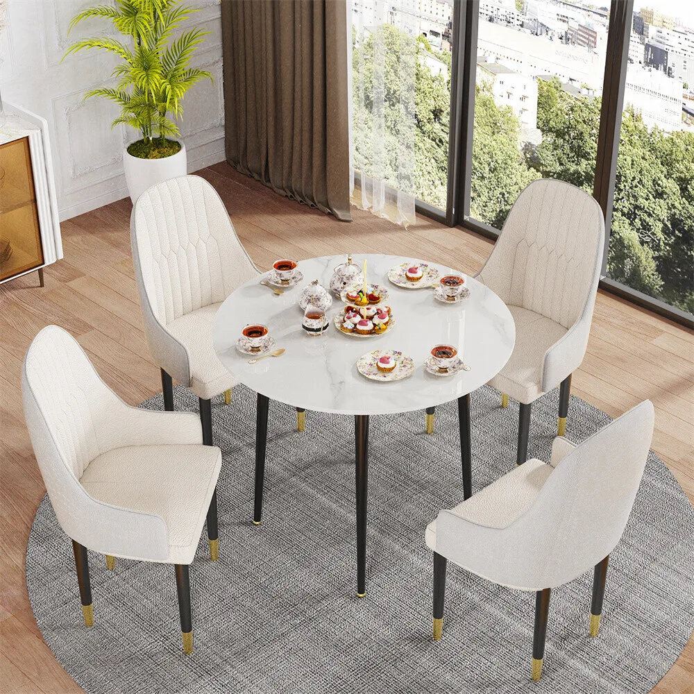 Simple Round Dining Table Glossy High End Real Stone Top with Black Metal Legs
