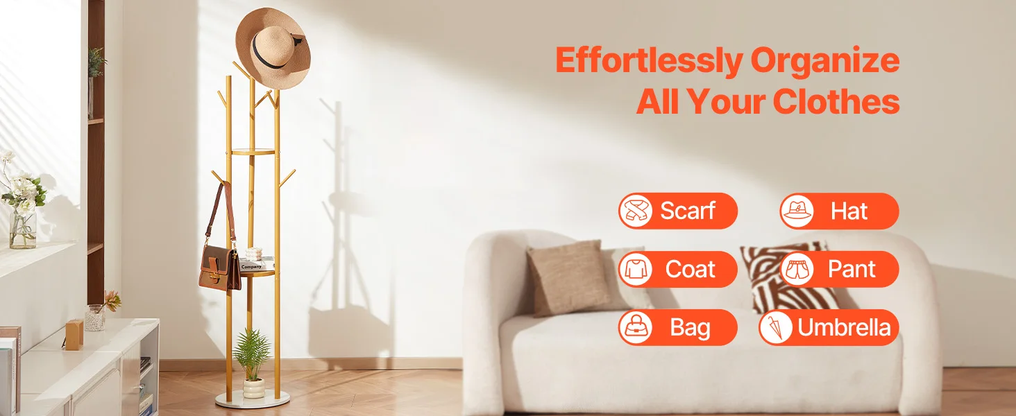 SucceBuy Coat Rack, Freestanding Coat Rack Stand with Quartz Stone Base & 9 Hooks for Bedroom Modern Clothes Hanger for Coat Hat