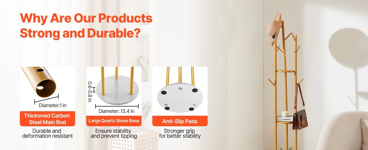 SucceBuy Coat Rack, Freestanding Coat Rack Stand with Quartz Stone Base & 9 Hooks for Bedroom Modern Clothes Hanger for Coat Hat