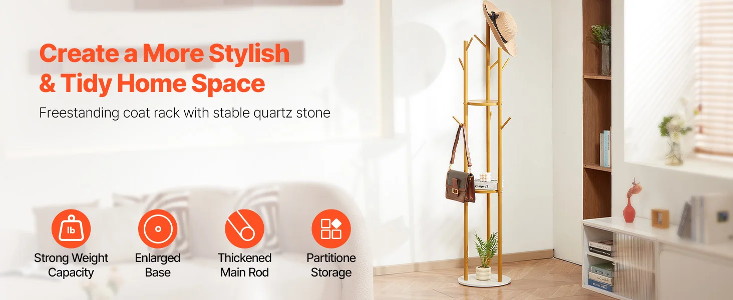 SucceBuy Coat Rack, Freestanding Coat Rack Stand with Quartz Stone Base & 9 Hooks for Bedroom Modern Clothes Hanger for Coat Hat