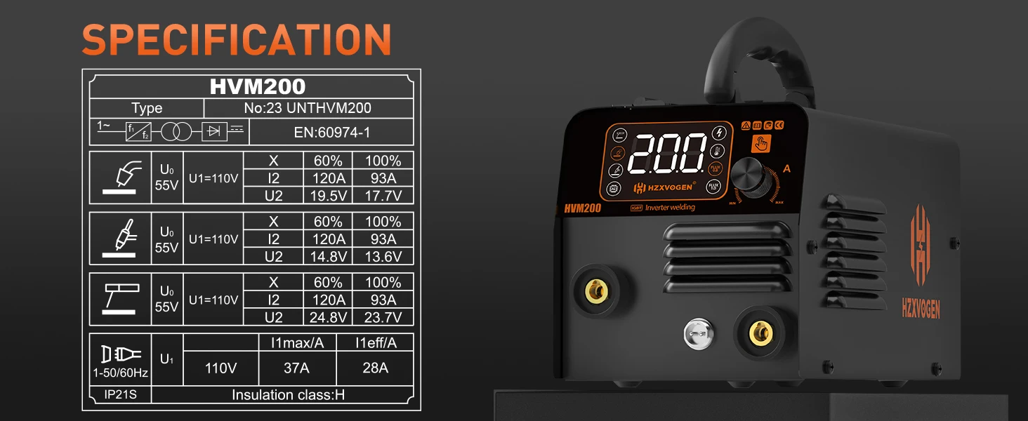 HZXVOGEN HVM200 MIG Welder with Flux Core Gasless IGBT Inverter Welding Machine Lift TIG MMA Stick 220V VRD Intelligent Welder