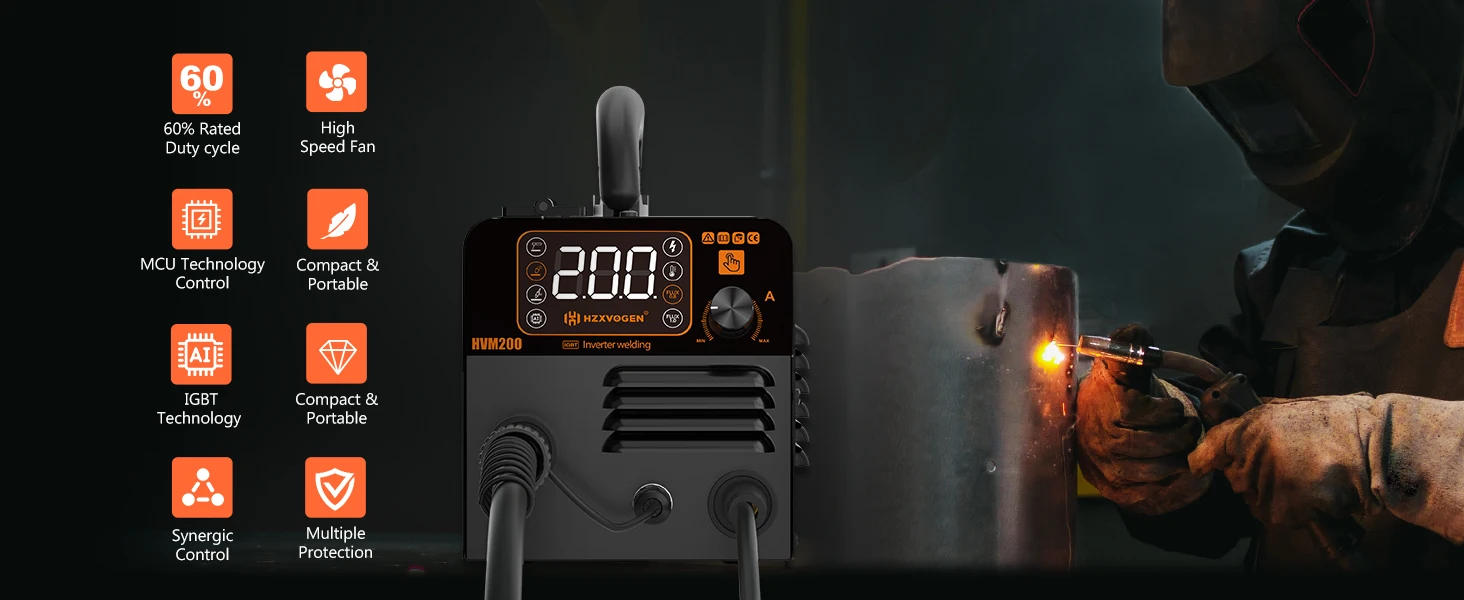 HZXVOGEN HVM200 MIG Welder with Flux Core Gasless IGBT Inverter Welding Machine Lift TIG MMA Stick 220V VRD Intelligent Welder