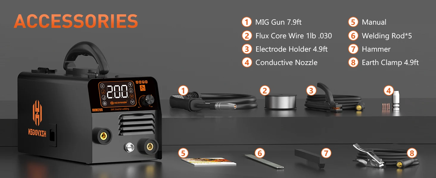HZXVOGEN HVM200 MIG Welder with Flux Core Gasless IGBT Inverter Welding Machine Lift TIG MMA Stick 220V VRD Intelligent Welder