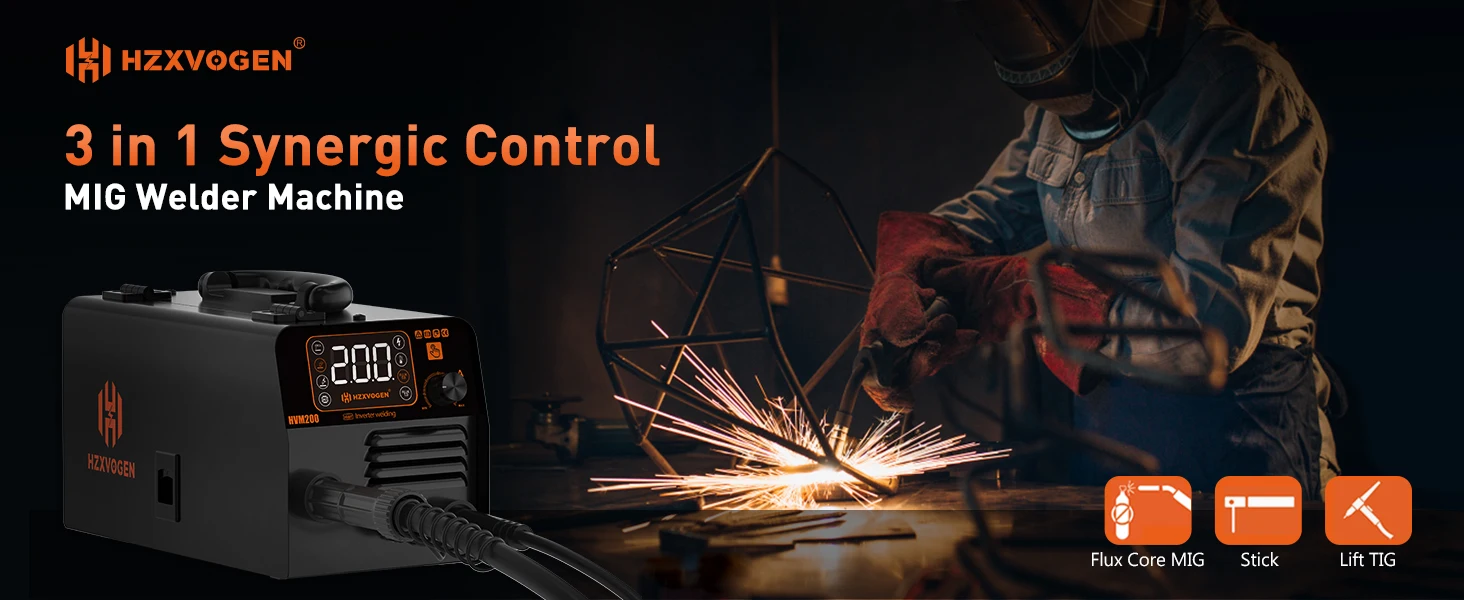 HZXVOGEN HVM200 MIG Welder with Flux Core Gasless IGBT Inverter Welding Machine Lift TIG MMA Stick 220V VRD Intelligent Welder
