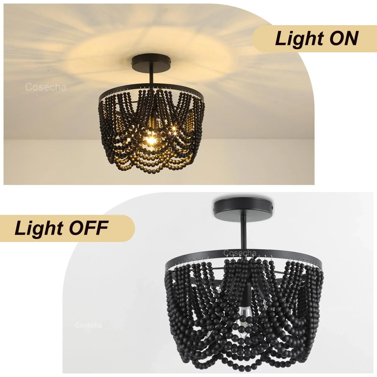 Black Wooden Beads Ceiling Chandelier Small 3 Lights Boho Semi Flush Mount Ceiling Chandelier For Dinning Room Bedroom Hallway