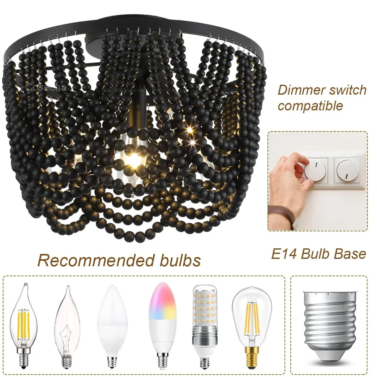 Black Wooden Beads Ceiling Chandelier Small 3 Lights Boho Semi Flush Mount Ceiling Chandelier For Dinning Room Bedroom Hallway