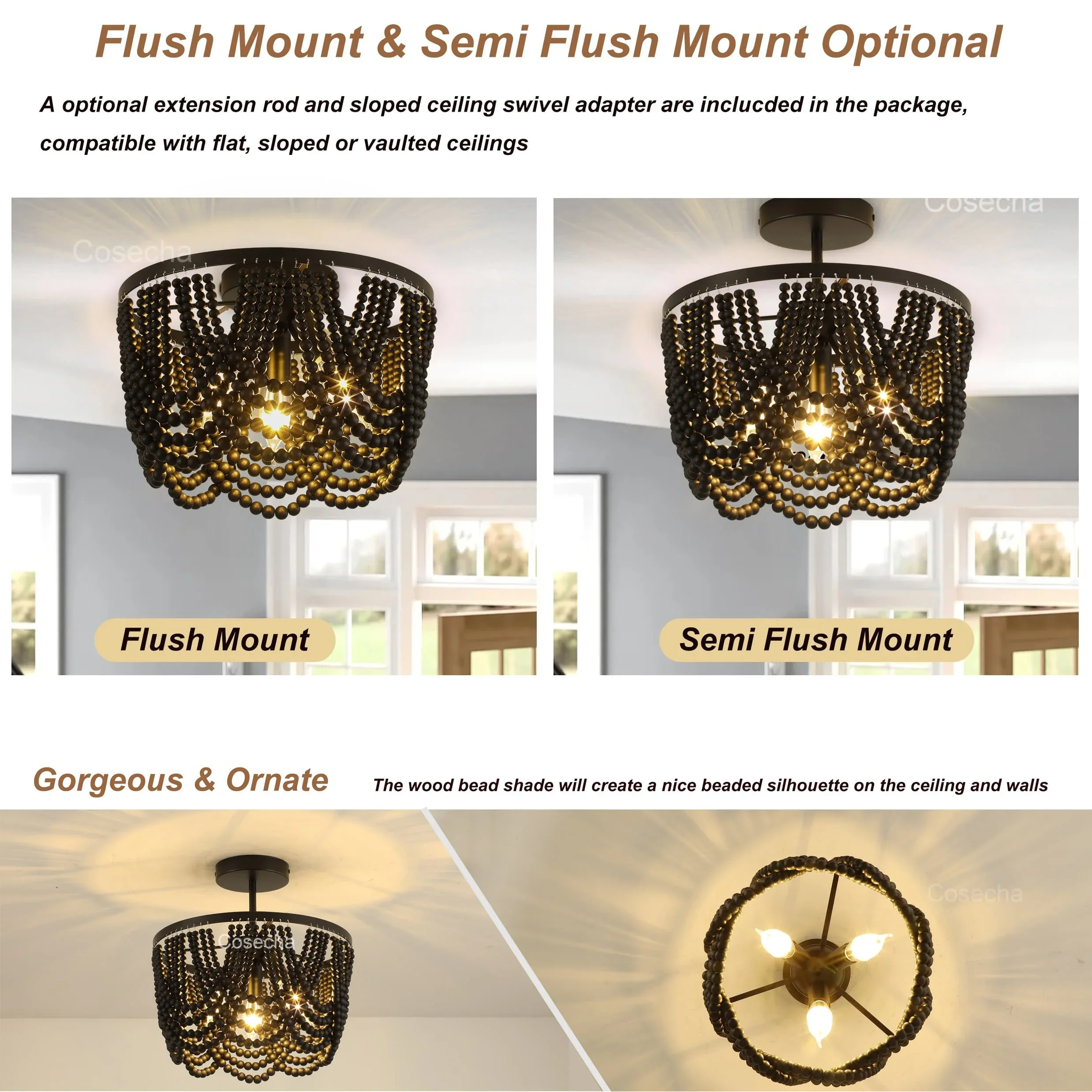 Black Wooden Beads Ceiling Chandelier Small 3 Lights Boho Semi Flush Mount Ceiling Chandelier For Dinning Room Bedroom Hallway