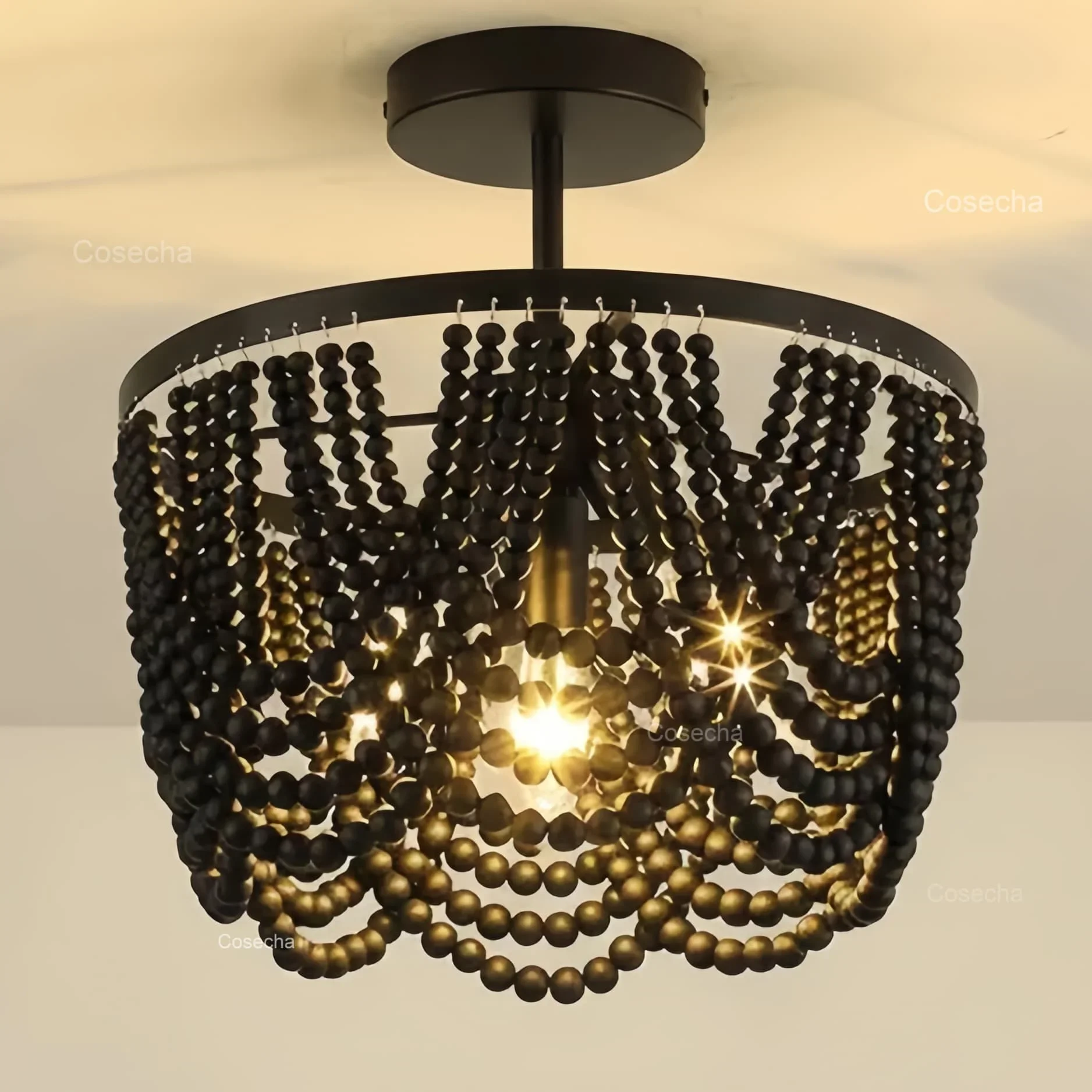 Black Wooden Beads Ceiling Chandelier Small 3 Lights Boho Semi Flush Mount Ceiling Chandelier For Dinning Room Bedroom Hallway