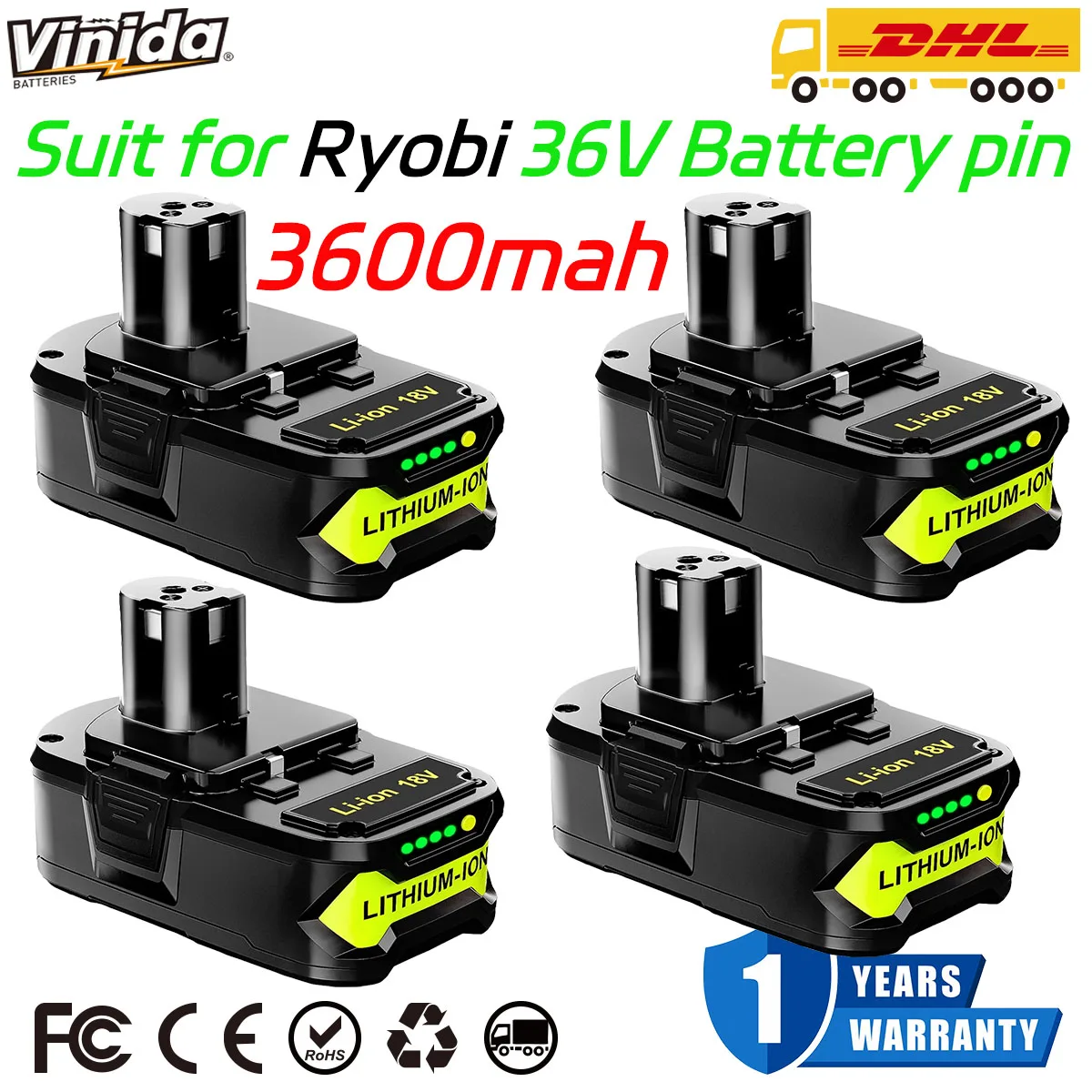 VINIDA 1/2/4Pack P102 3.6Ah 18V One+ Lithium Battery Replace for Ryobi P103 P104 P105 P106 P109 P122 Power Tools Battery pin