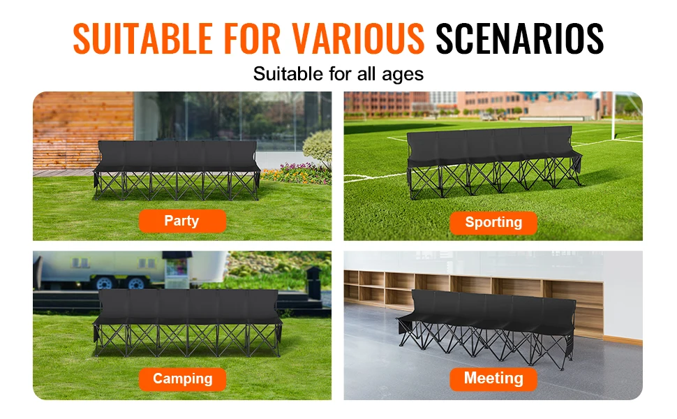 SucceBuy 8 Seat Foldable Sideline Bench Outdoor Camping Bench Chair with Bag & Backrest Team Sport Sideline Bench