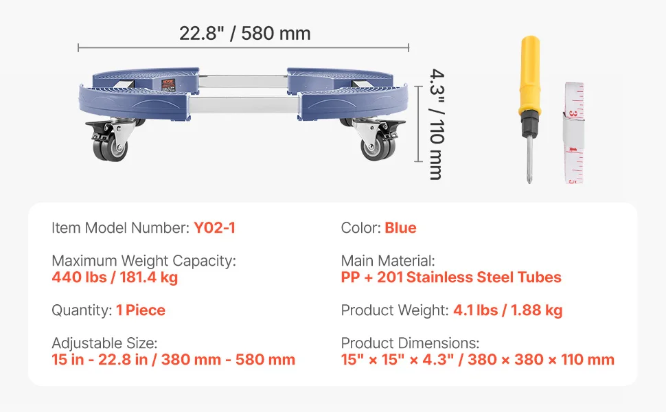 SucceBuy 440LBS Blue/Black Trash Can Dolly Round Roller Base 15-22.8in Adjustable with 4 Wheel Drum Rolling Cart for Plant Caddy