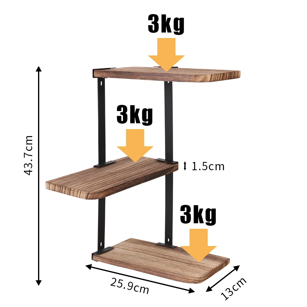 Lucca Corner Shelf for Storage, Modern Floating Wall Shelves, Display Shelving, Adjustable Rack, 3 Tier