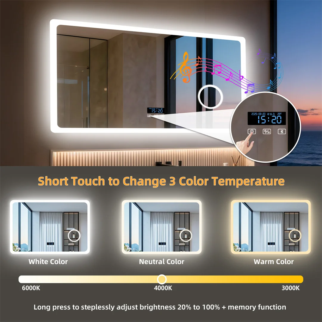 LUVODI Wall Mounted Bluetooth Bathroom Mirror LED Vanity Light 3X Magnification Dimmable Defog Feature for Home And Hotel Bath M