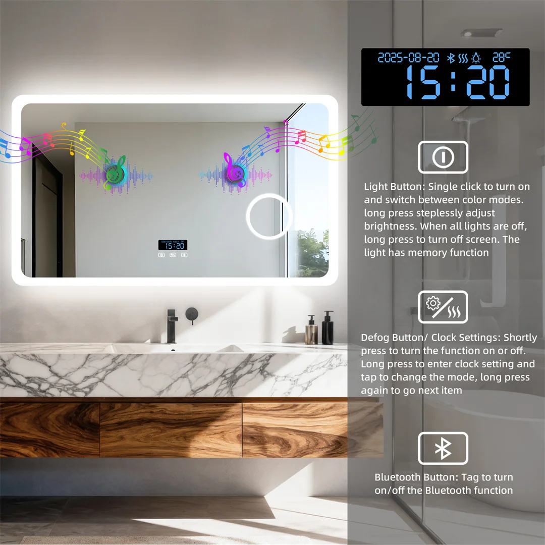 LUVODI Wall Mounted Bluetooth Bathroom Mirror LED Vanity Light 3X Magnification Dimmable Defog Feature for Home And Hotel Bath M