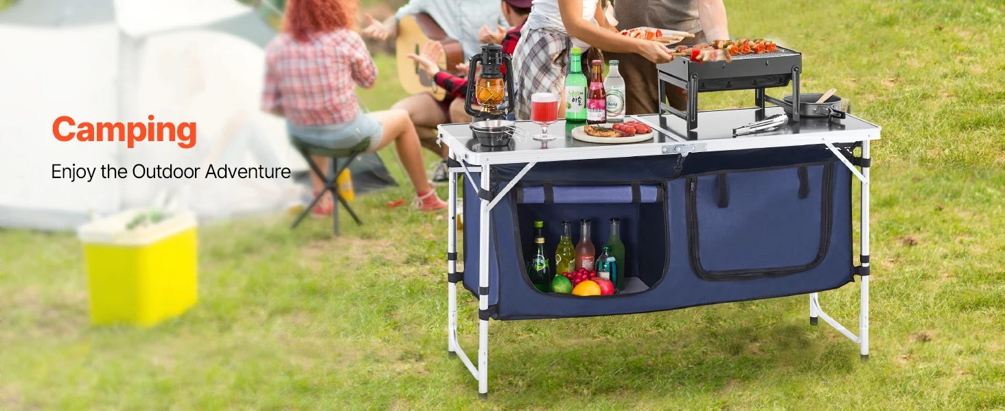 SucceBuy Camping Kitchen Table Folding Outdoor Cooking Table, Aluminum Lightweight Portable Cook Station Foldable Camp Table