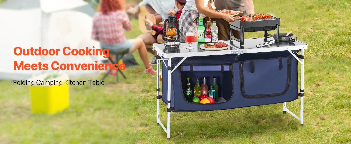 SucceBuy Camping Kitchen Table Folding Outdoor Cooking Table, Aluminum Lightweight Portable Cook Station Foldable Camp Table