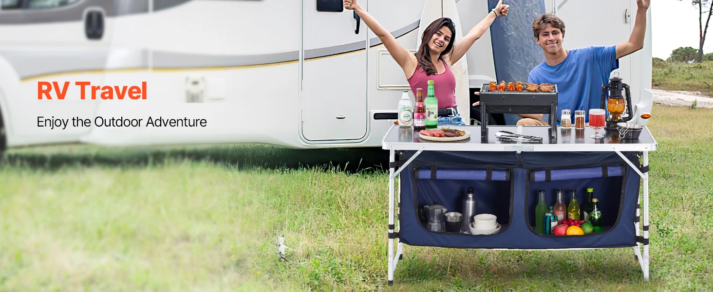 SucceBuy Camping Kitchen Table Folding Outdoor Cooking Table, Aluminum Lightweight Portable Cook Station Foldable Camp Table