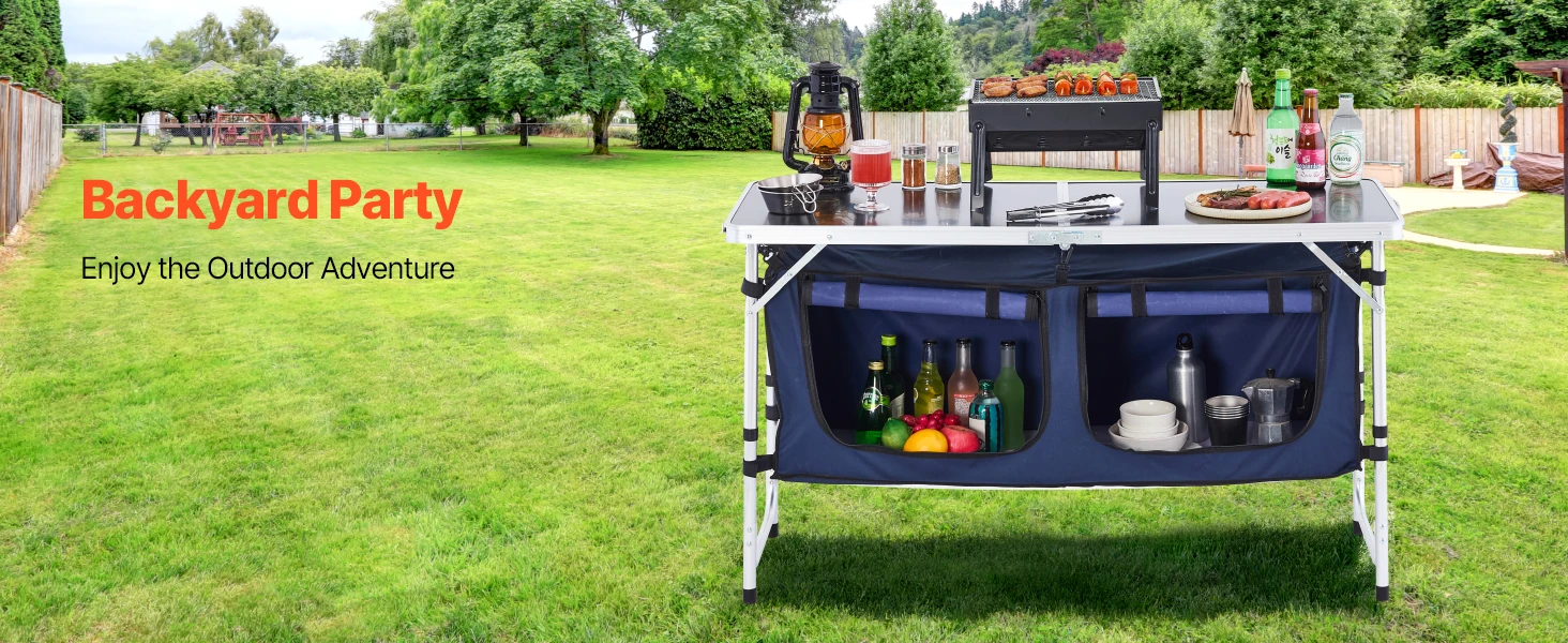 SucceBuy Camping Kitchen Table Folding Outdoor Cooking Table, Aluminum Lightweight Portable Cook Station Foldable Camp Table