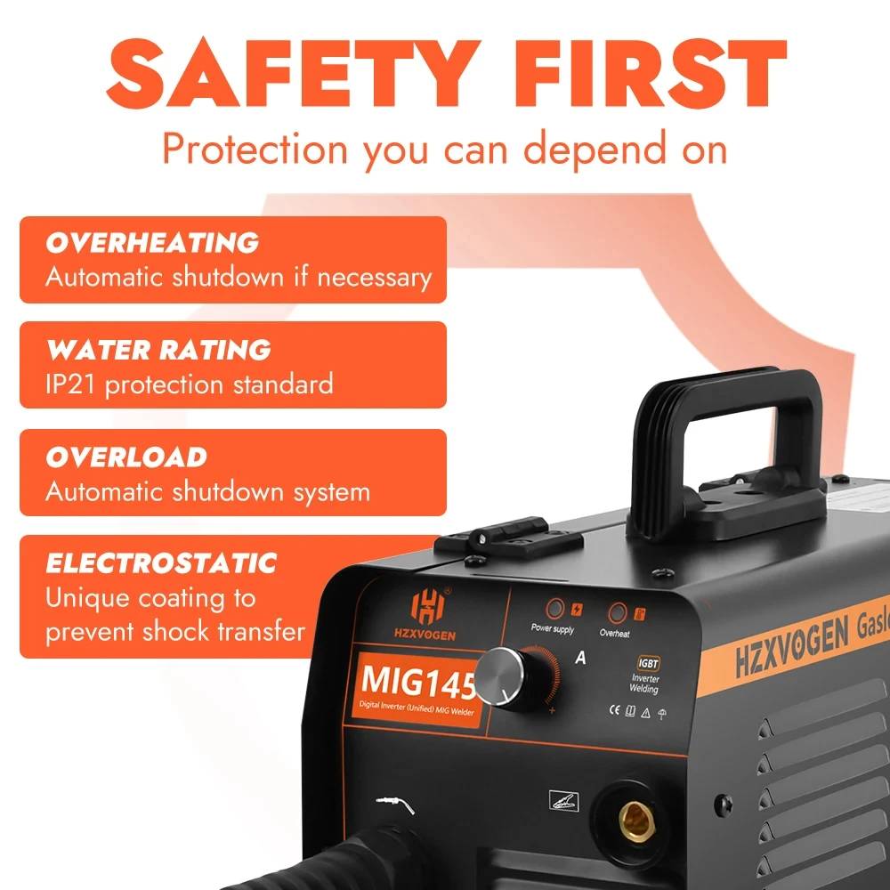 HZXVOGEN MIG145 No Gas Semi-automatic MIG Welding Machine For Gasless Iron Soldering Portable Inverter Welder Flux Cored Wire