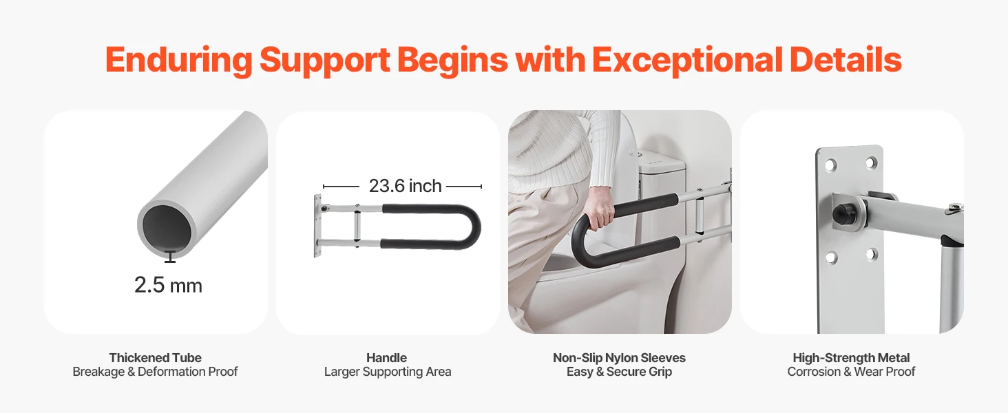 SucceBuy Toilet Safety Rail 23.8In U-Shaped Handicap Grab Bar Foldable Pole FlipUp Bar w/Anti-Slip Support Handle 300Lb Capacity