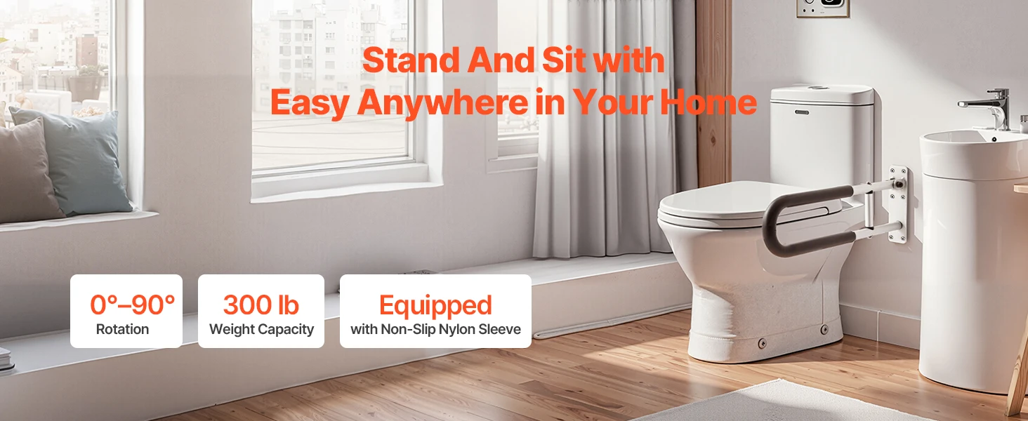 SucceBuy Toilet Safety Rail 23.8In U-Shaped Handicap Grab Bar Foldable Pole FlipUp Bar w/Anti-Slip Support Handle 300Lb Capacity