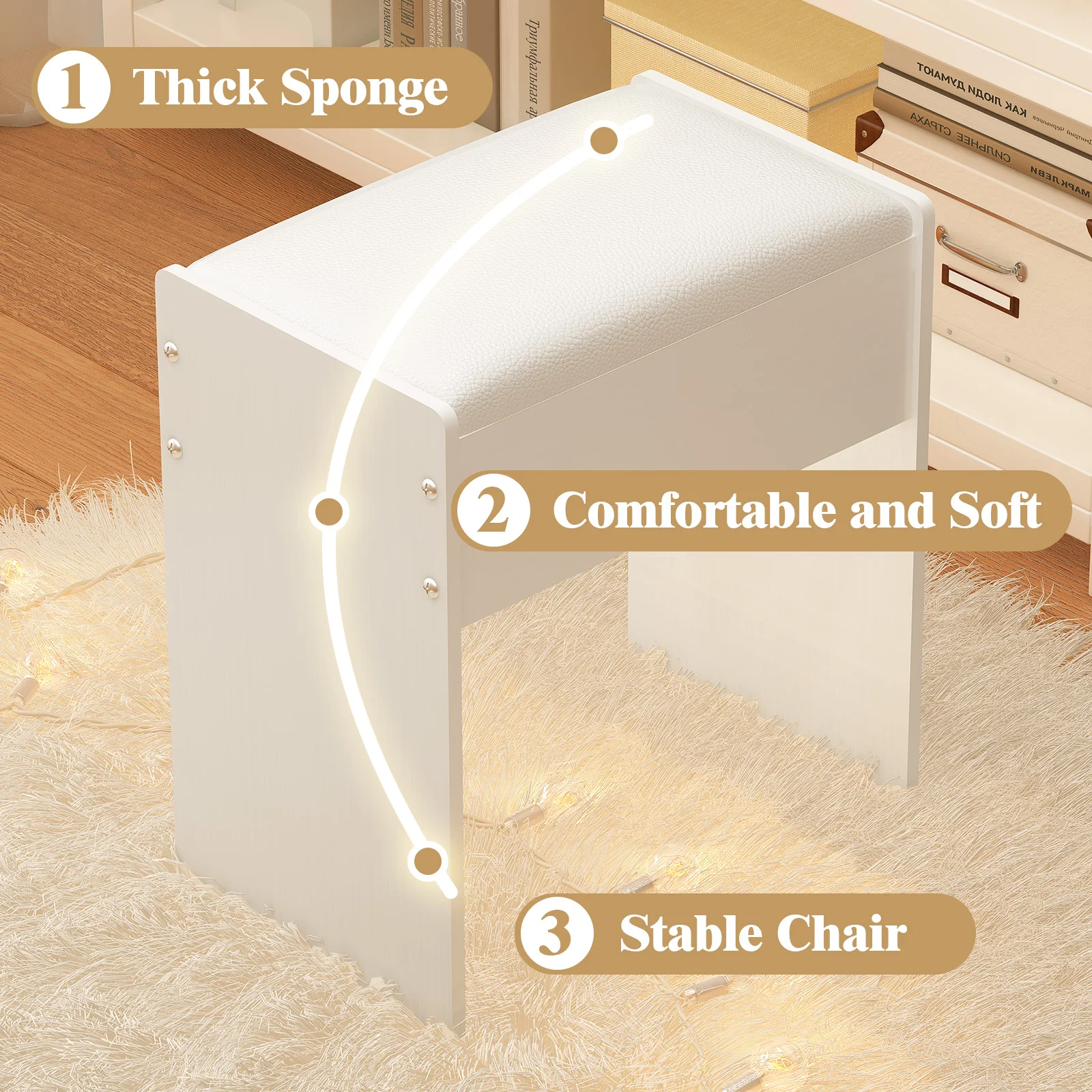 Padded Makeup Vanity Stool, Elegant Wood Dressing Chair W/ Wooden Legs Bench US