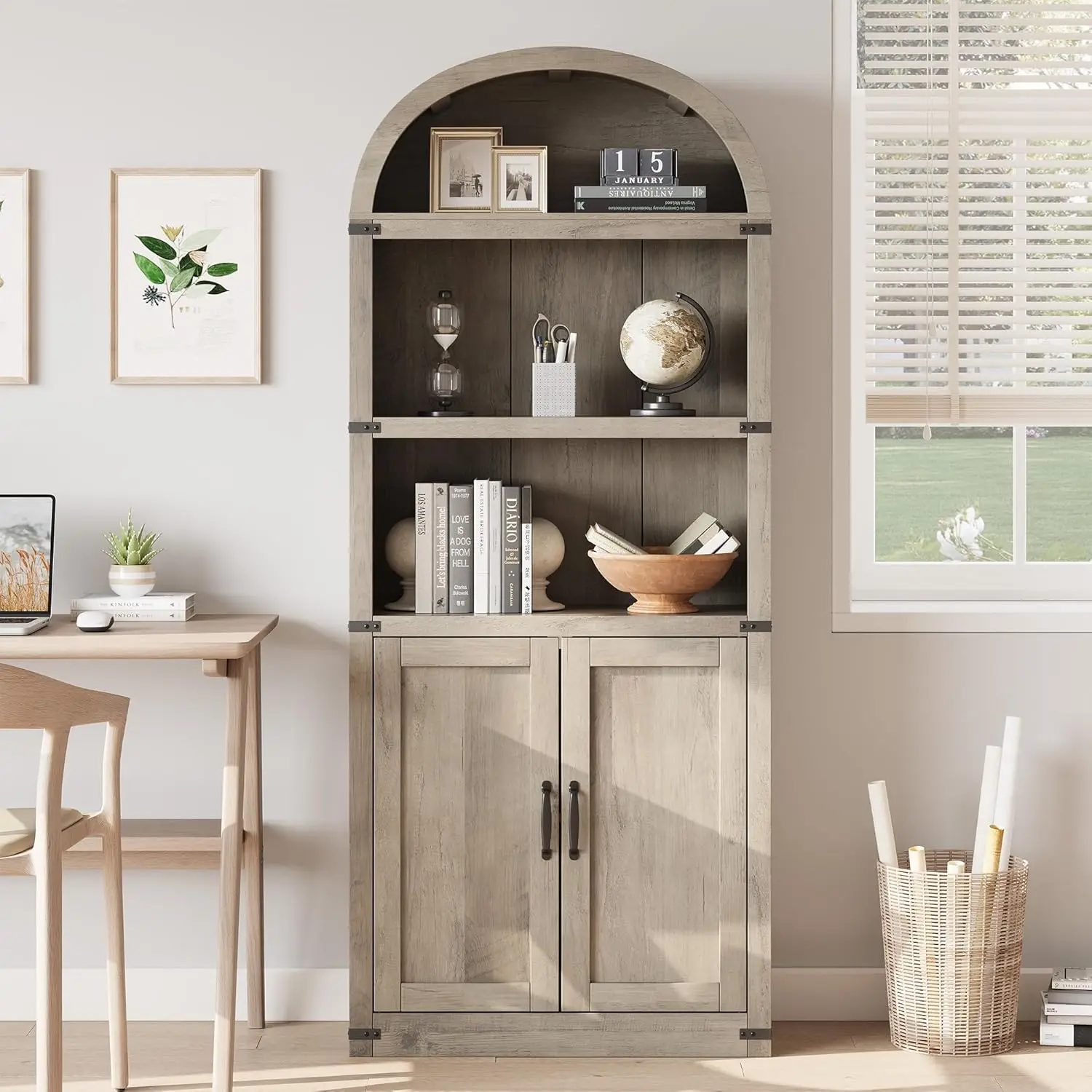 Arch Bookcase with Doors,Arched Bookshelf,1.82m Tall Bookcase Farmhouse Cabinet with Shelves Wooden Bookshelves for home office