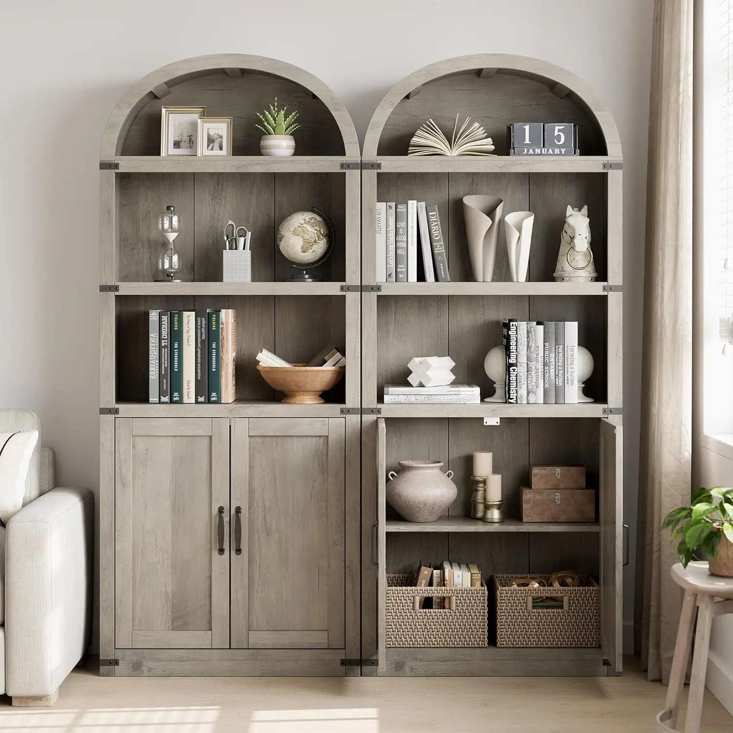 Arch Bookcase with Doors,Arched Bookshelf,1.82m Tall Bookcase Farmhouse Cabinet with Shelves Wooden Bookshelves for home office