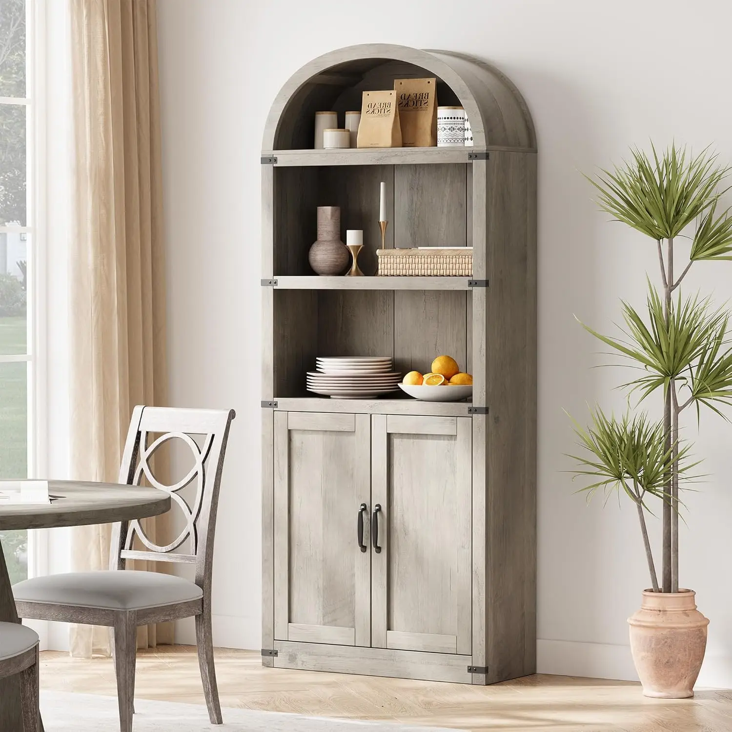 Arch Bookcase with Doors,Arched Bookshelf,1.82m Tall Bookcase Farmhouse Cabinet with Shelves Wooden Bookshelves for home office