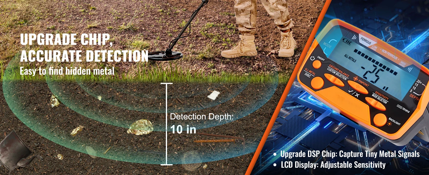 SucceBuy Metal Detector for Adults&Kids 10Inch Waterproof Search Coil + LCD Display 7 Modes Adjustable 41''-52'' Aluminum Stem